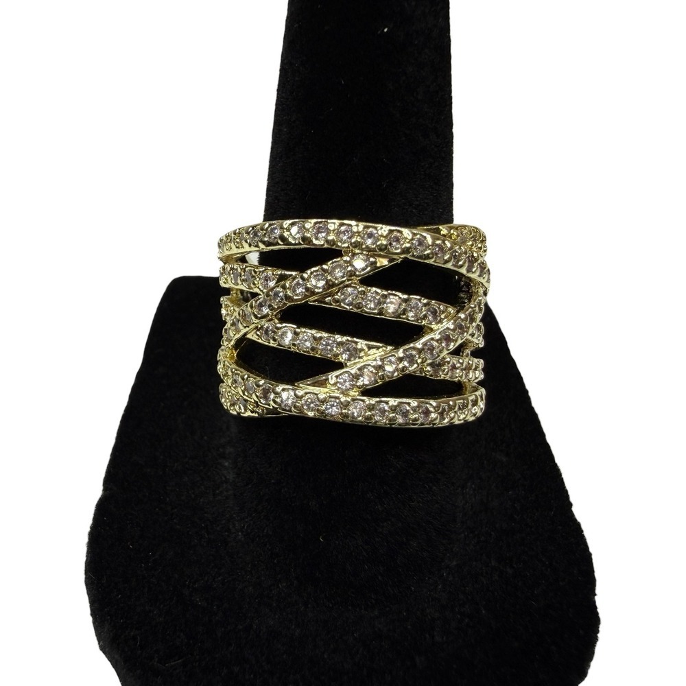 Gold Tone Pave Crystal Multi-Band Crisscross Statement Ring Jewelry Sz 6.5